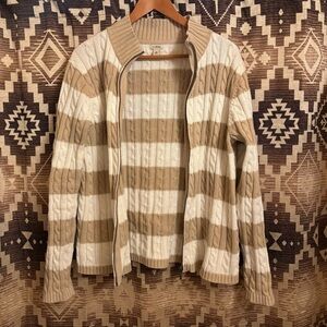 Women’s LL Bean Striped Cable Knit Zip Up Sweater / Jacket Size XL, Tan & White